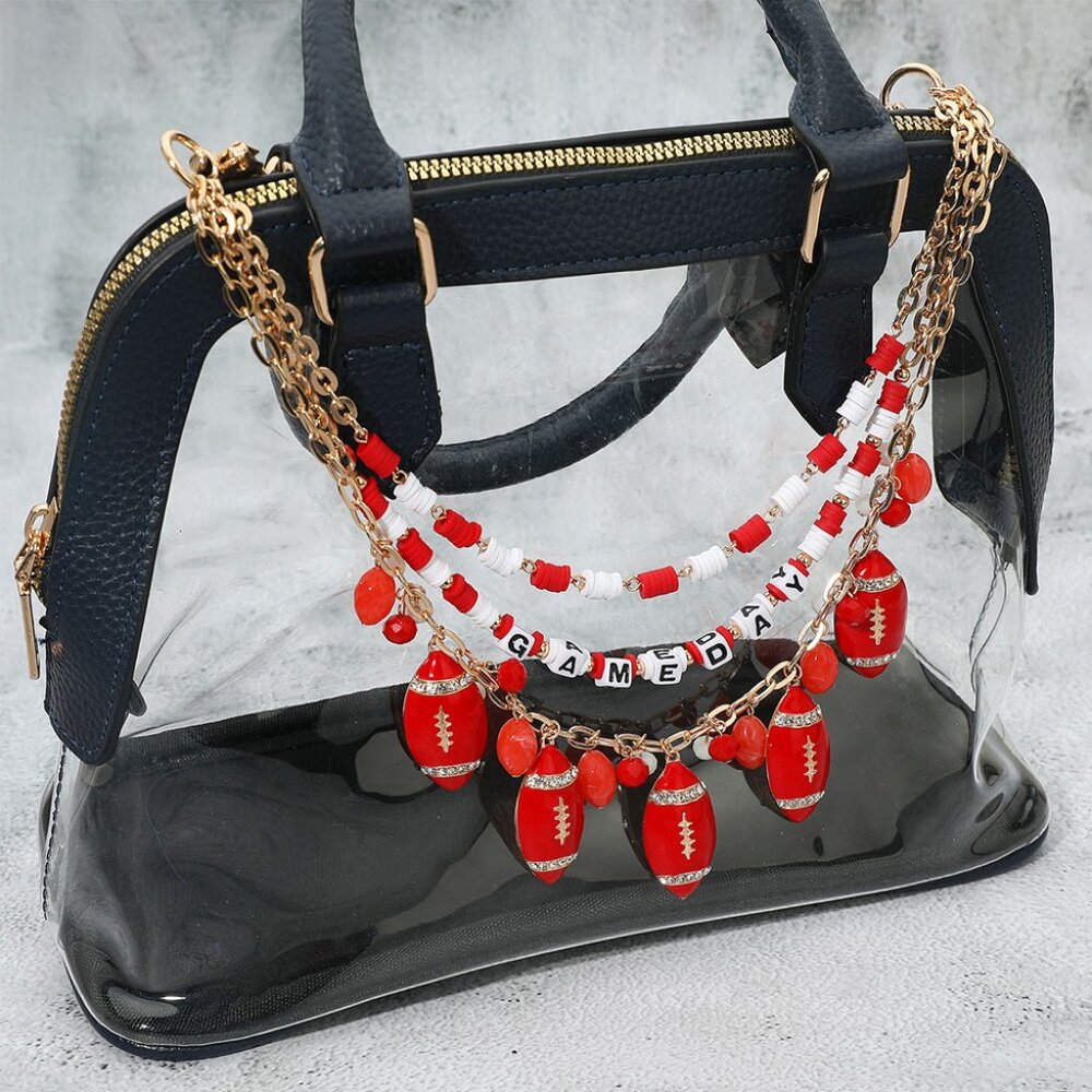 NEW Football Charm RED WHITE GAME DAY Hand Beaded Layered Bag Handbag Gold Chain